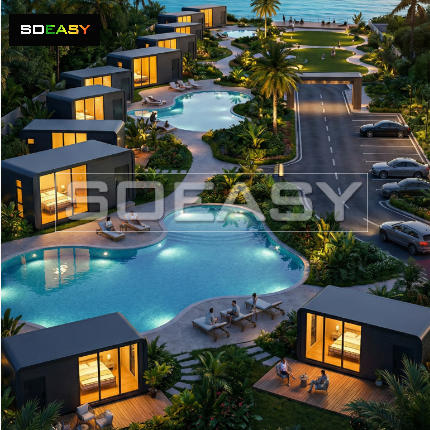 SOEASY สำนักงานให้เช่า Apple Cabin Resort หรูหราขนาด 20 ฟุตร้านกาแฟกลางแจ้ง